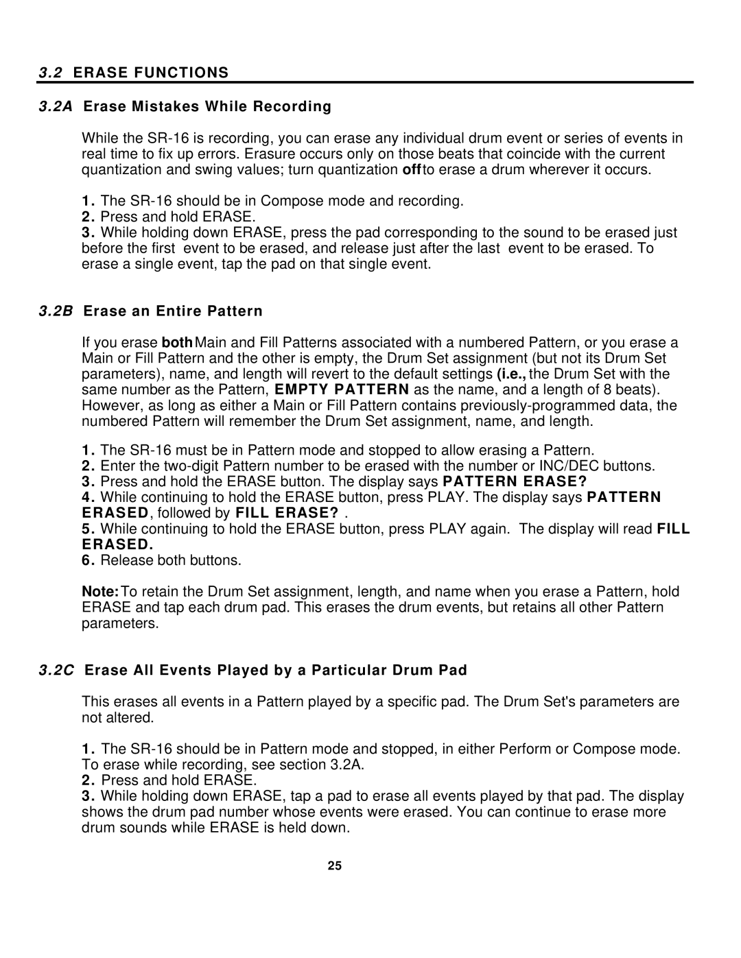 Alesis SR-16 manual Erase Functions, 2A Erase Mistakes While Recording, 2B Erase an Entire Pattern, Erased 