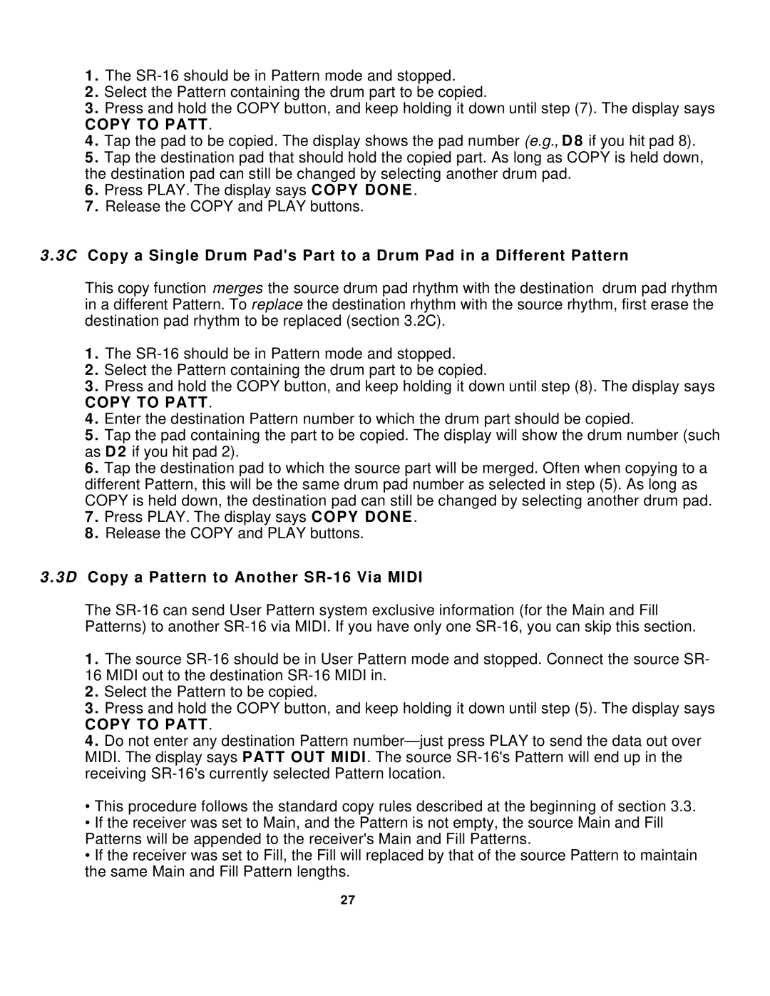 Alesis manual Copy a Pattern to Another SR-16 Via Midi 