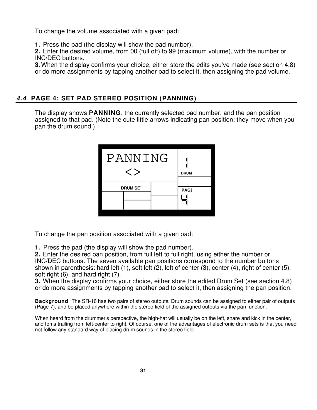 Alesis SR-16 manual SET PAD Stereo Position Panning 