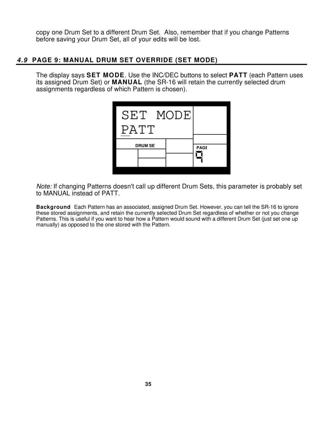 Alesis SR-16 manual SET Mode Patt, Manual Drum SET Override SET Mode 