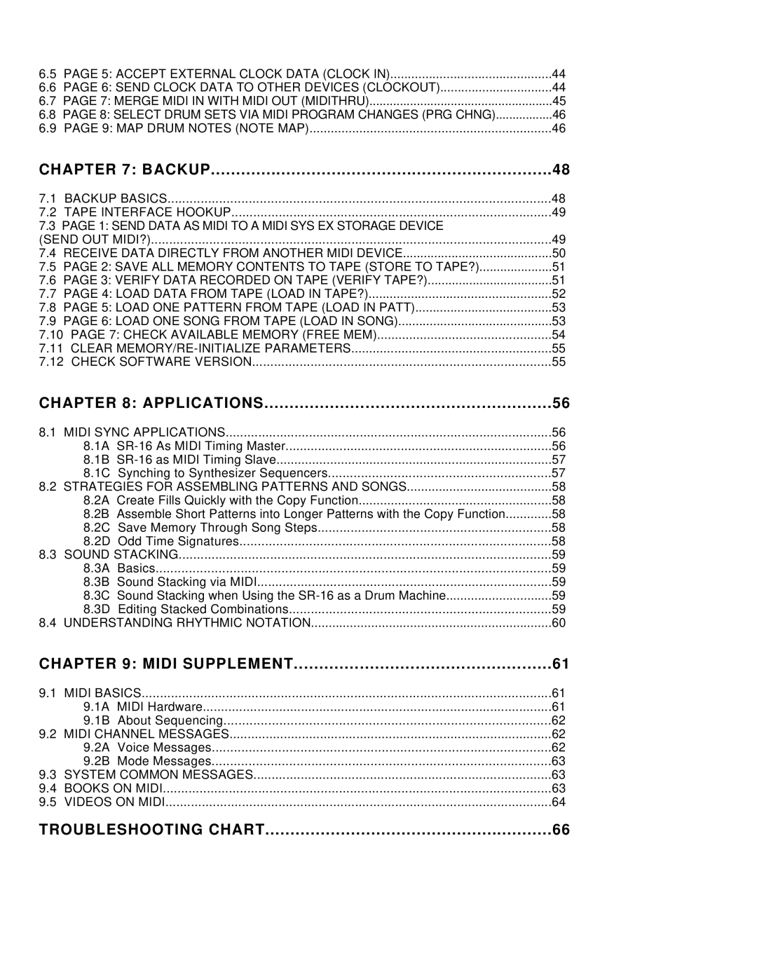 Alesis SR-16 manual Backup, Applications, Midi Supplement, Troubleshooting Chart 