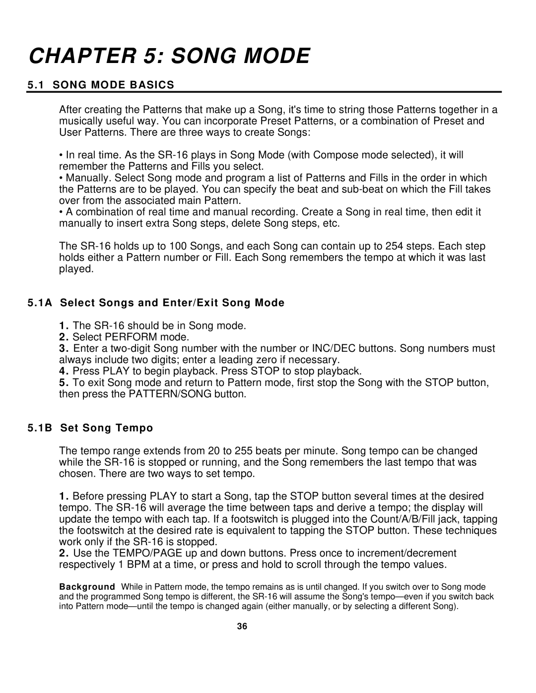 Alesis SR-16 manual Song Mode Basics, 1A Select Songs and Enter/Exit Song Mode, 1B Set Song Tempo 