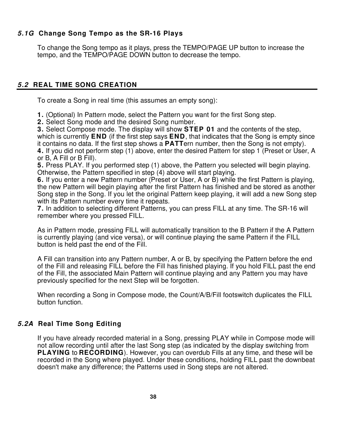 Alesis manual 1G Change Song Tempo as the SR-16 Plays, Real Time Song Creation, 2A Real Time Song Editing 