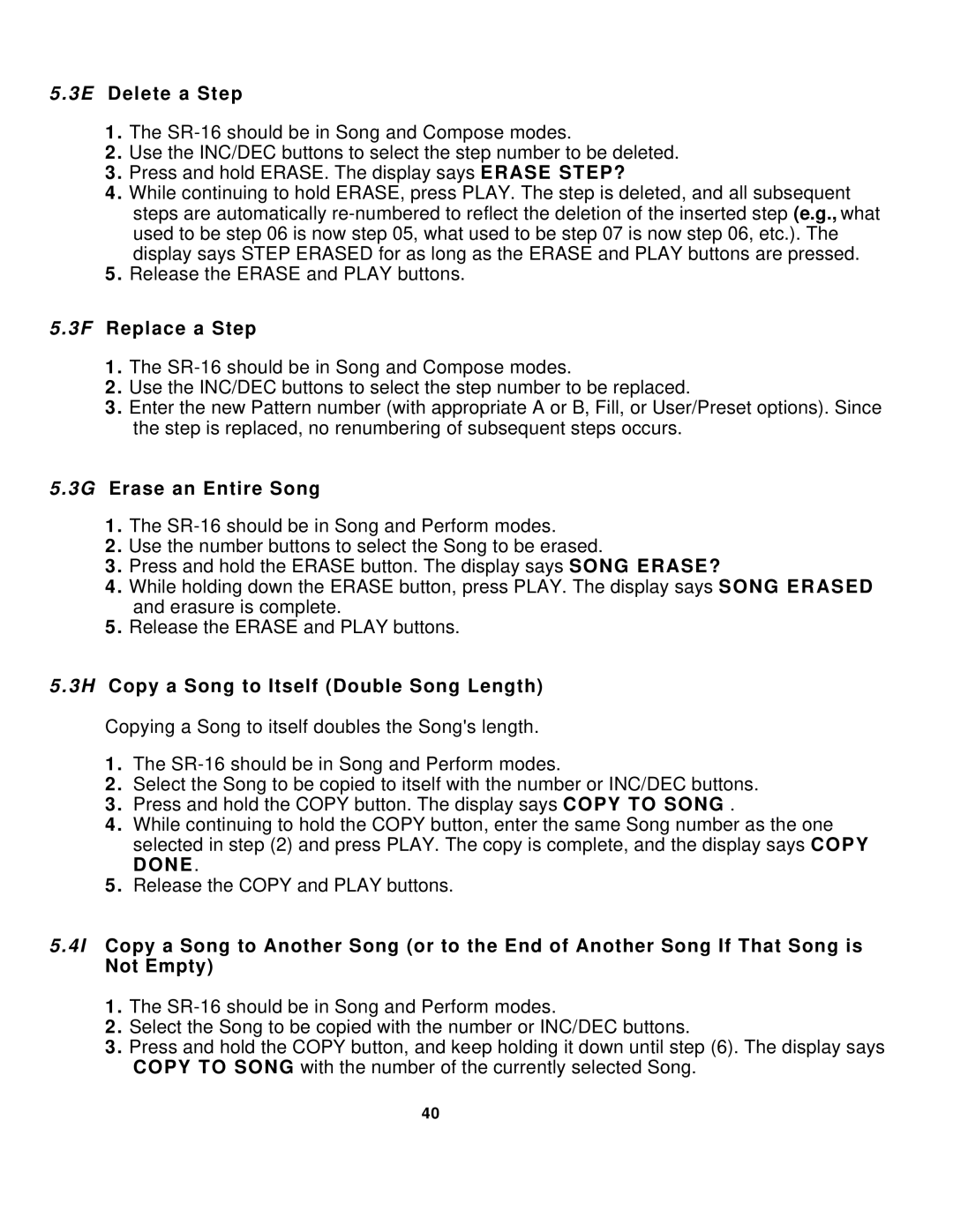 Alesis SR-16 manual Delete a Step, 3F Replace a Step, 3G Erase an Entire Song, Copy a Song to Itself Double Song Length 