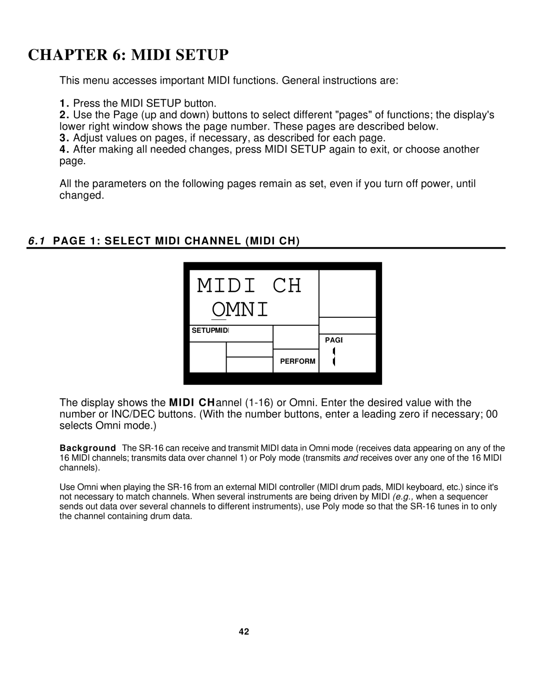 Alesis SR-16 manual Midi CH Omni, Midi Setup, Select Midi Channel Midi CH 