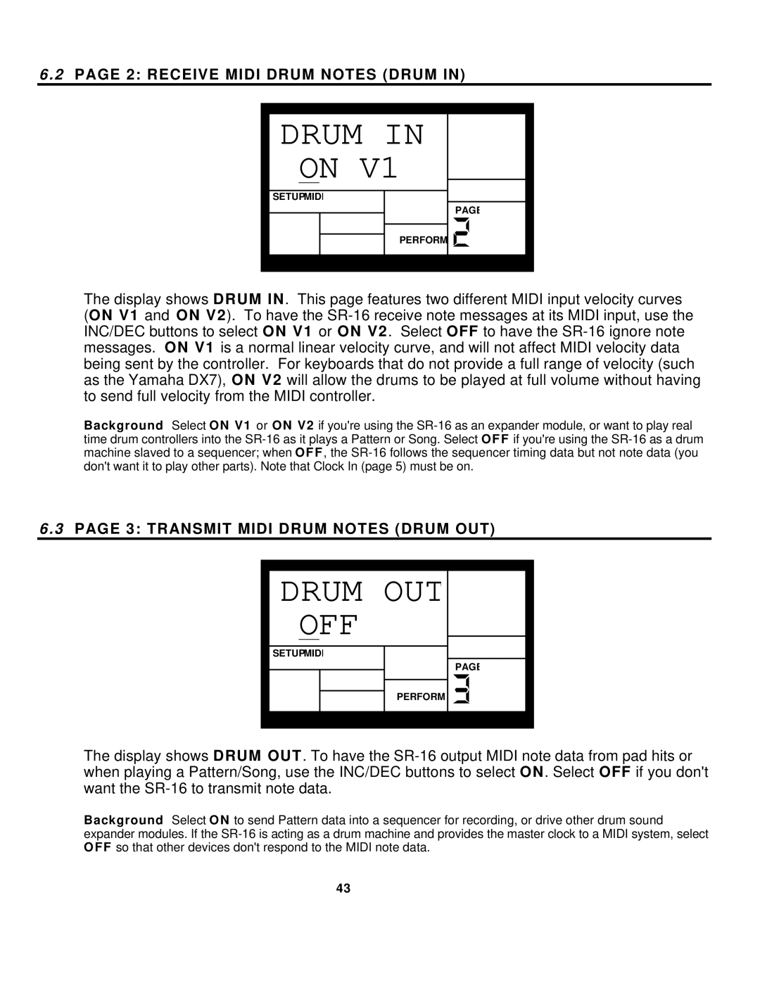 Alesis SR-16 manual Drum OUT OFF, Receive Midi Drum Notes Drum, Transmit Midi Drum Notes Drum OUT 