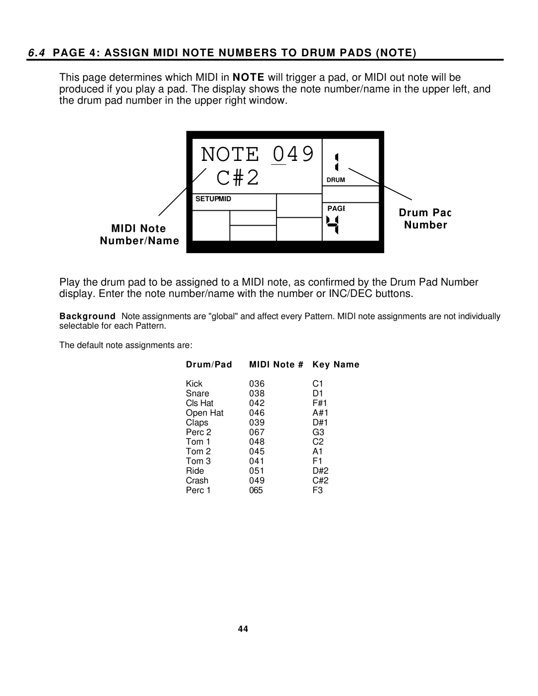 Alesis SR-16 manual Assign Midi Note Numbers to Drum Pads Note, Drum Pad Number 