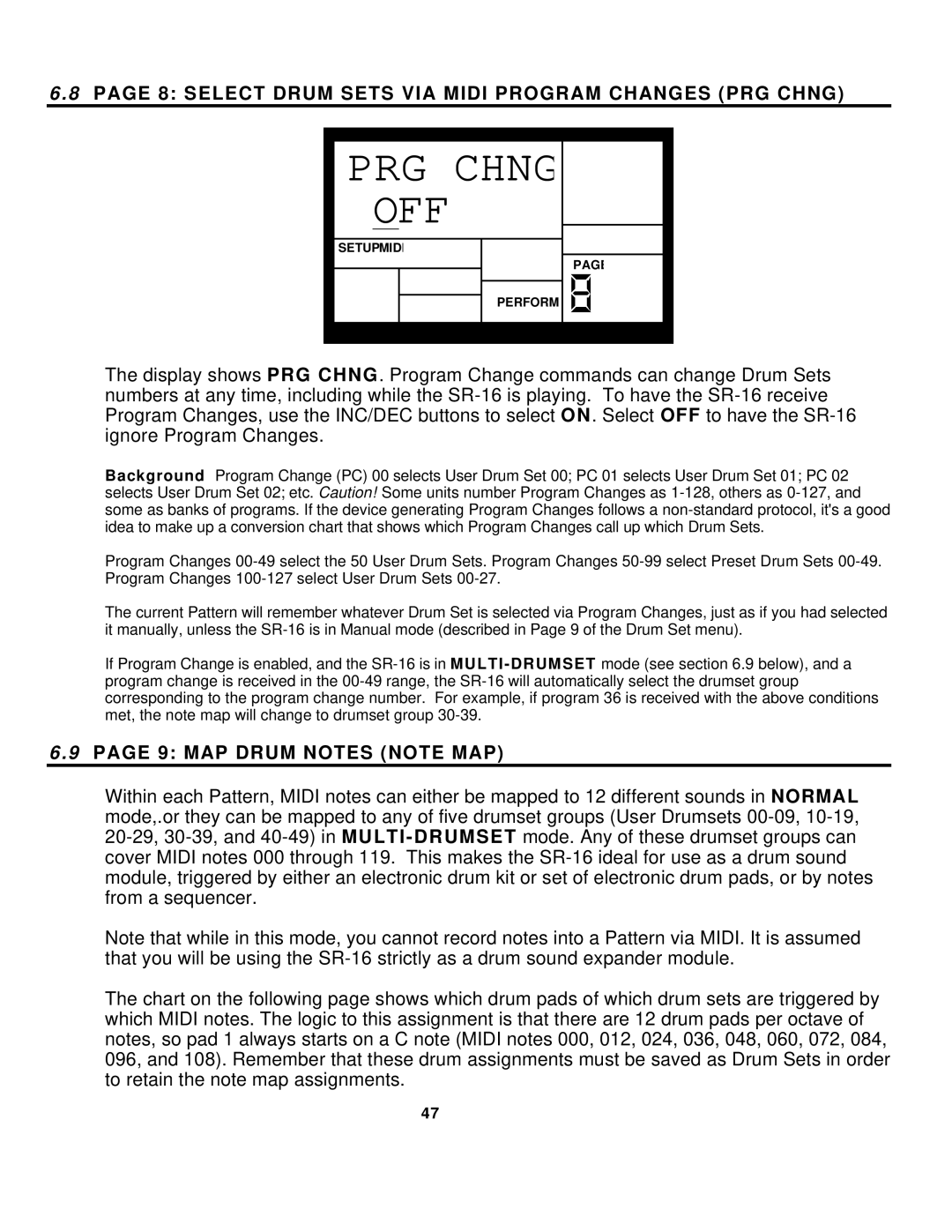 Alesis SR-16 manual PRG Chng OFF, Select Drum Sets VIA Midi Program Changes PRG Chng, MAP Drum Notes Note MAP 