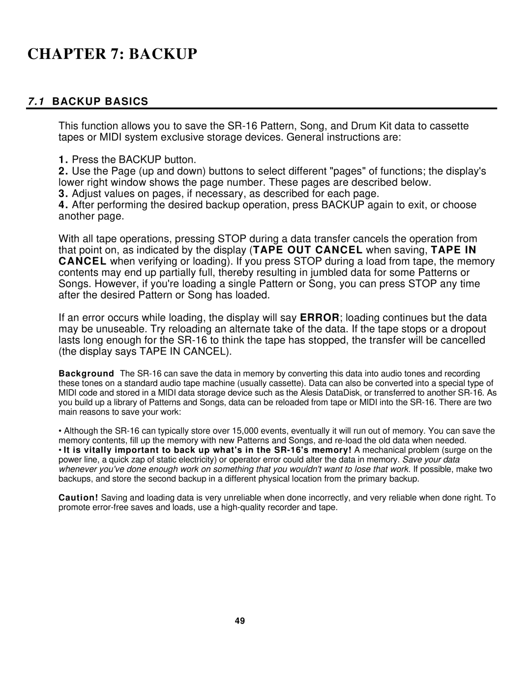 Alesis SR-16 manual Backup Basics 