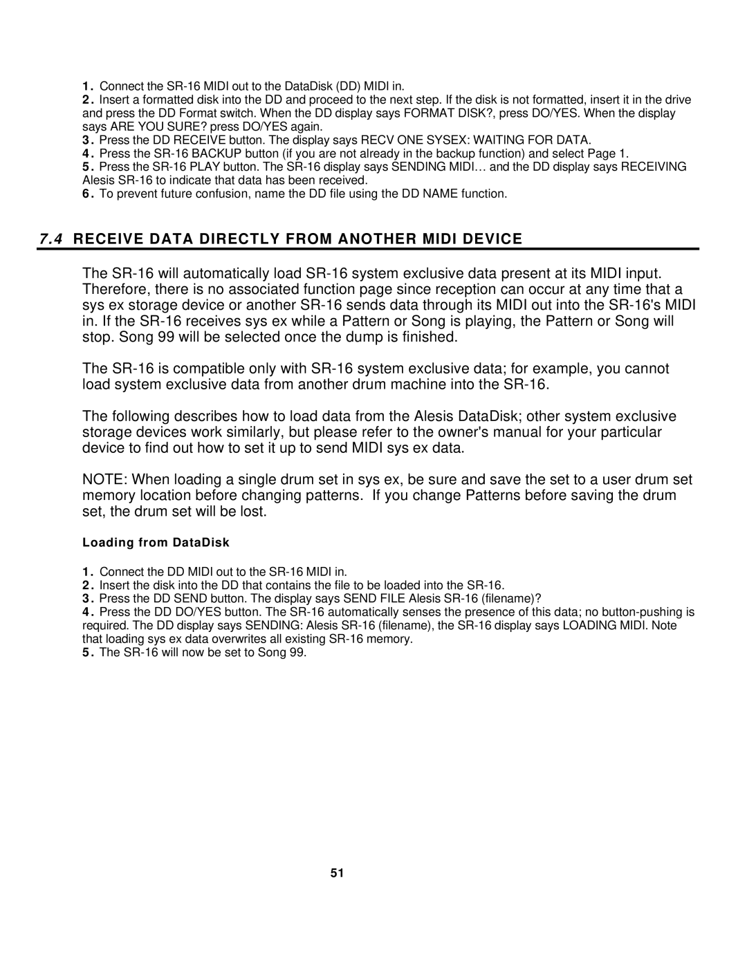 Alesis SR-16 manual Receive Data Directly from Another Midi Device, Loading from DataDisk 