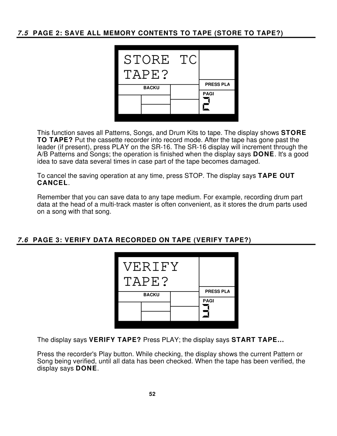 Alesis SR-16 manual Save ALL Memory Contents to Tape Store to TAPE?, Verify Data Recorded on Tape Verify TAPE? 