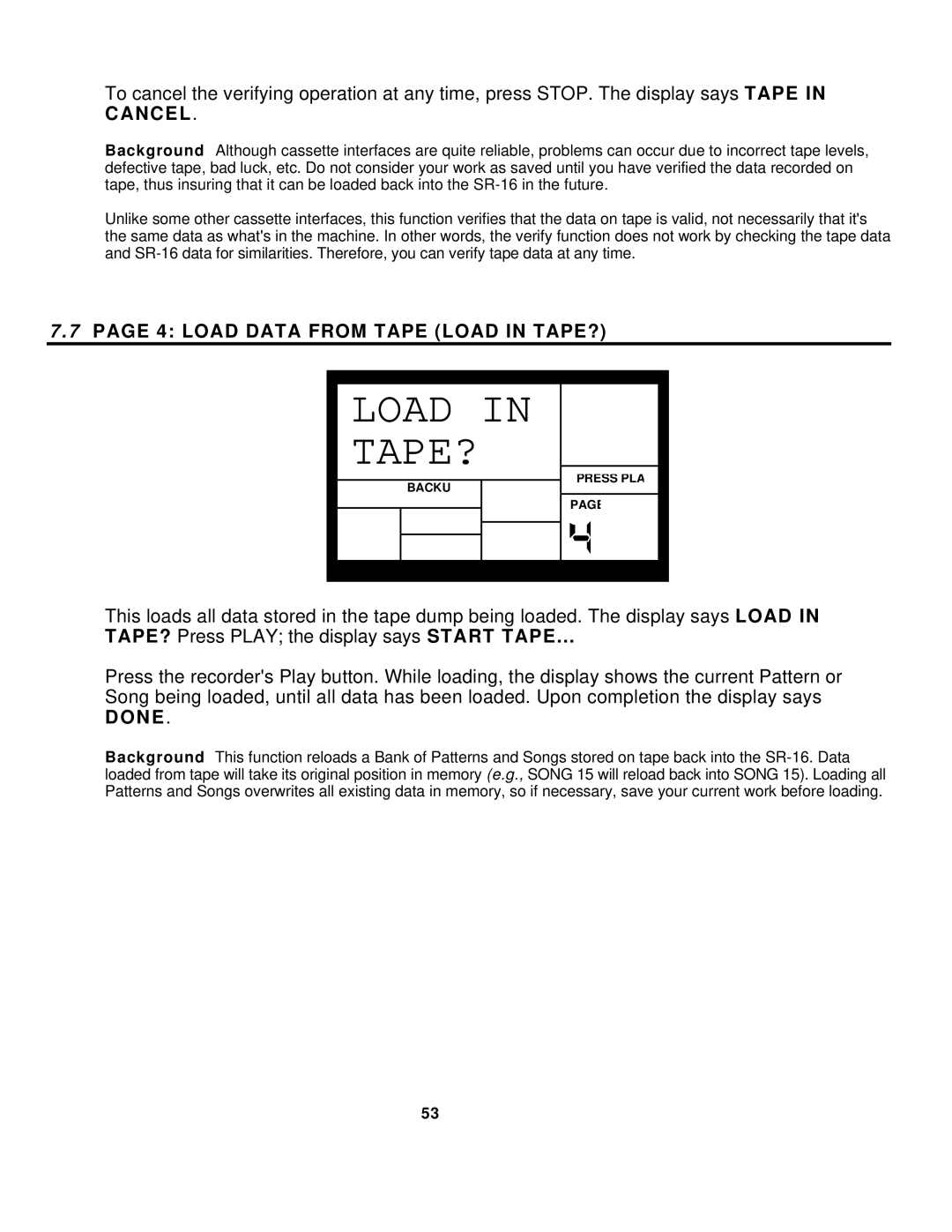 Alesis SR-16 manual Load Data from Tape Load in TAPE? 