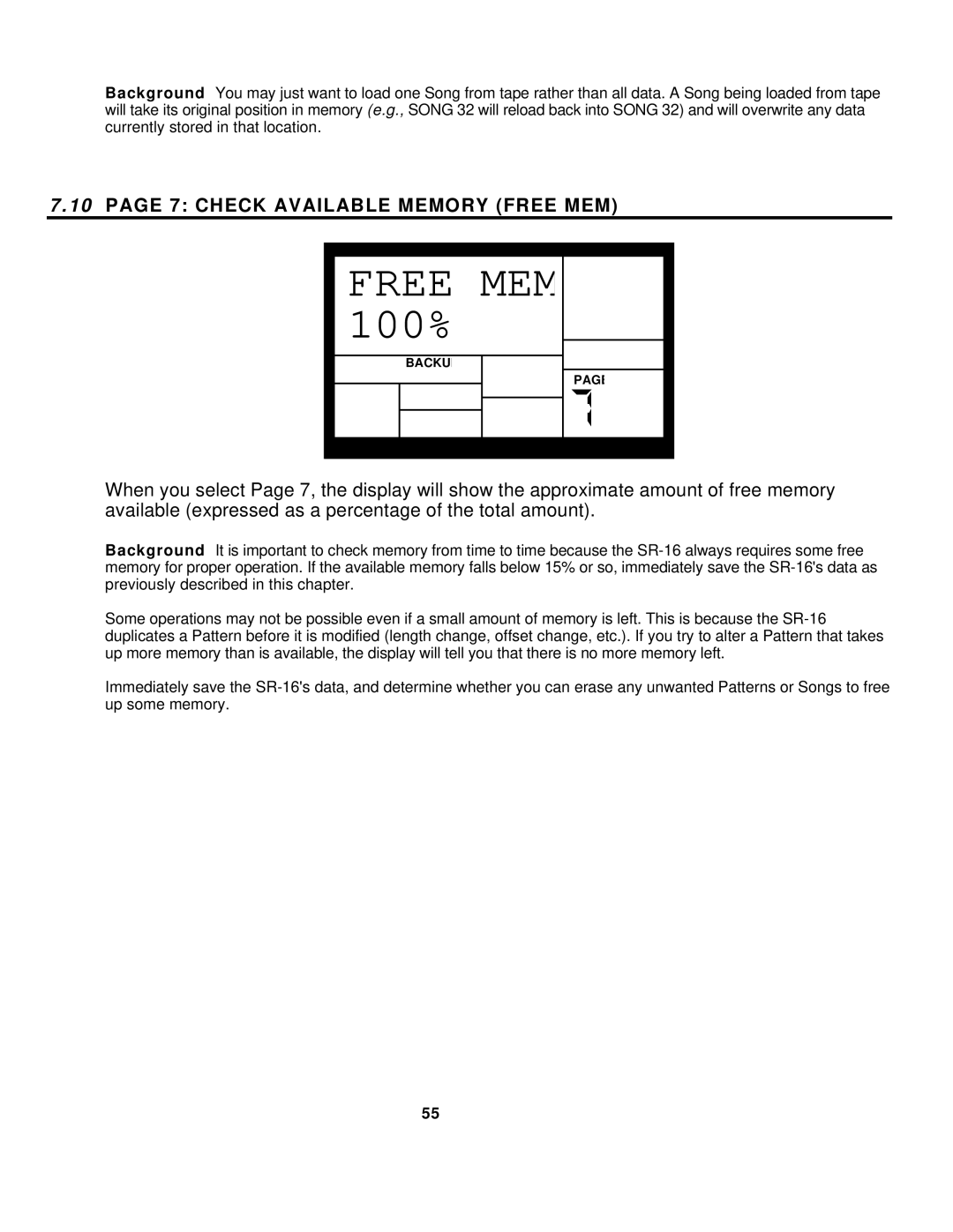 Alesis SR-16 manual Free MEM 100%, page 7 Check Available Memory Free MEM 