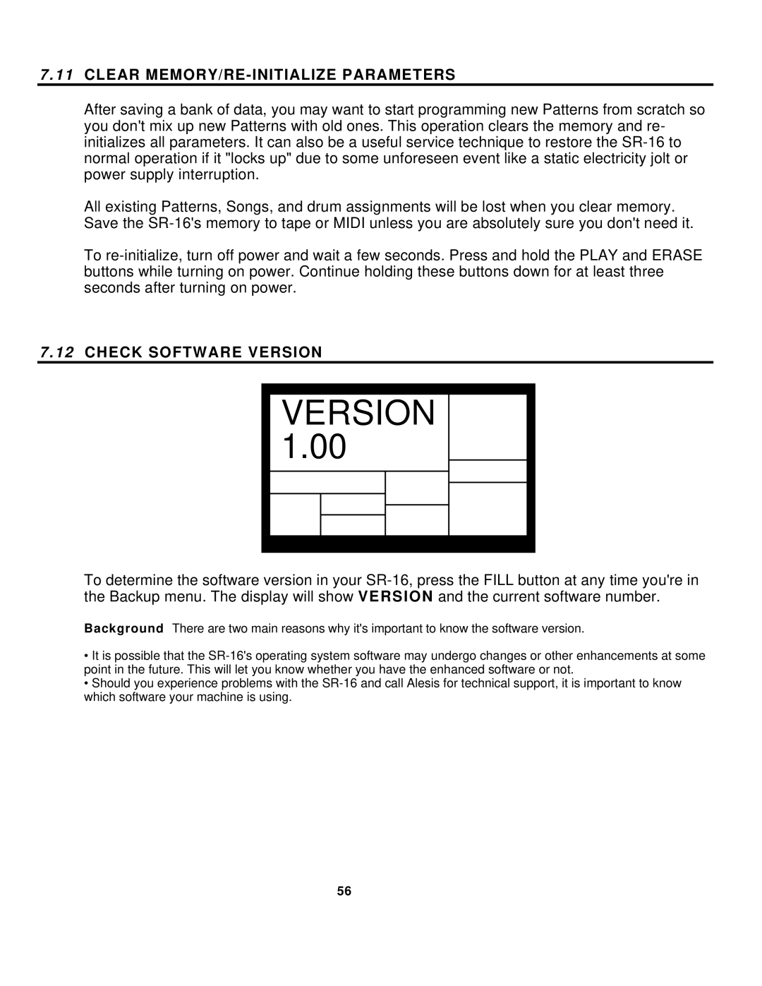 Alesis SR-16 manual Clear MEMORY/RE-INITIALIZE Parameters, Check Software Version 