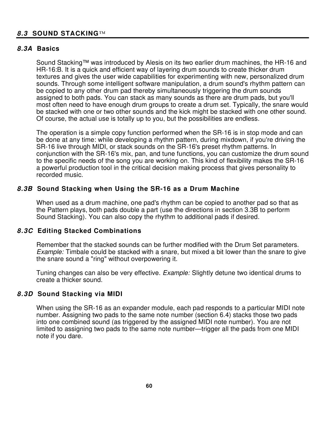 Alesis manual 3A Basics, 3B Sound Stacking when Using the SR-16 as a Drum Machine, 3C Editing Stacked Combinations 