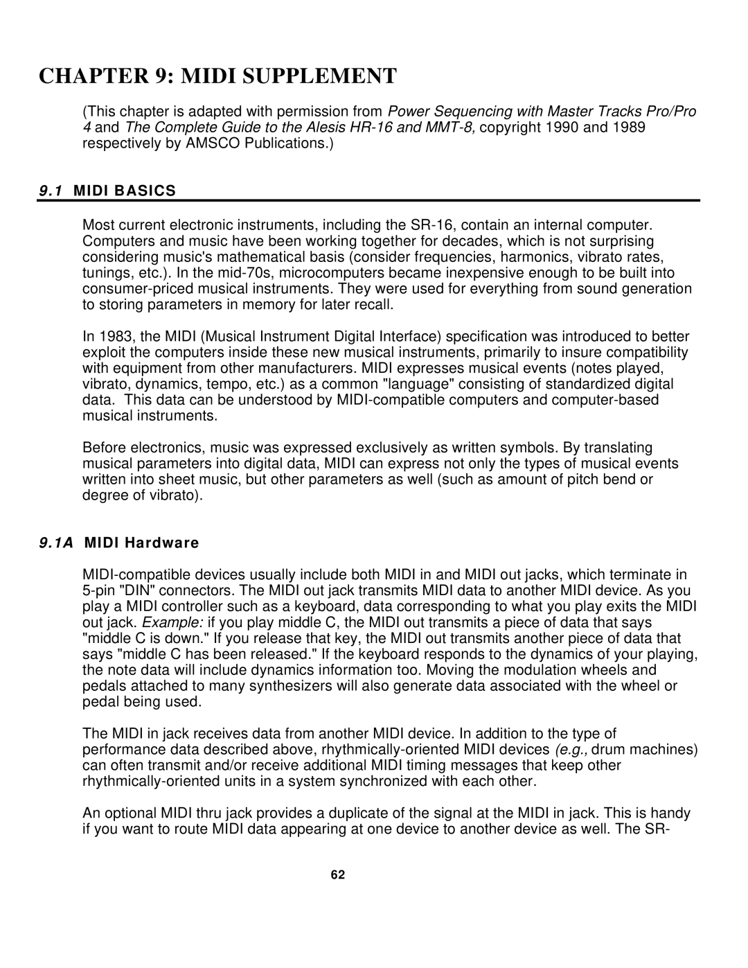 Alesis SR-16 manual Midi Supplement, Midi Basics, 1A Midi Hardware 