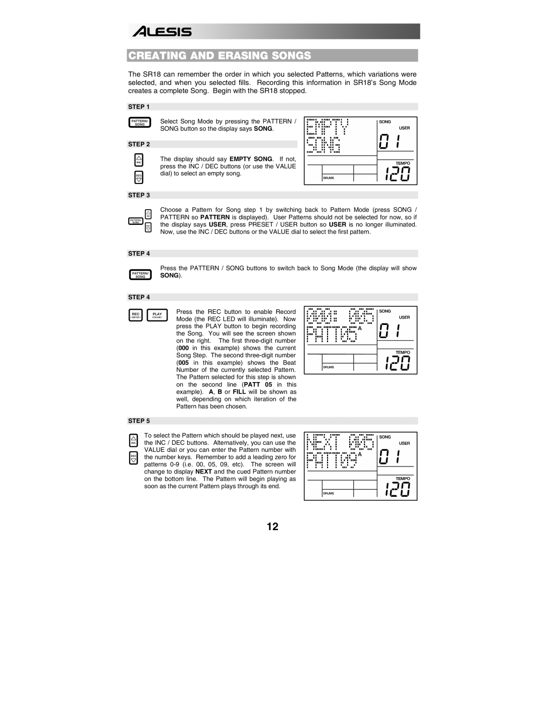 Alesis SR18 quick start manual Creating and Erasing Songs 