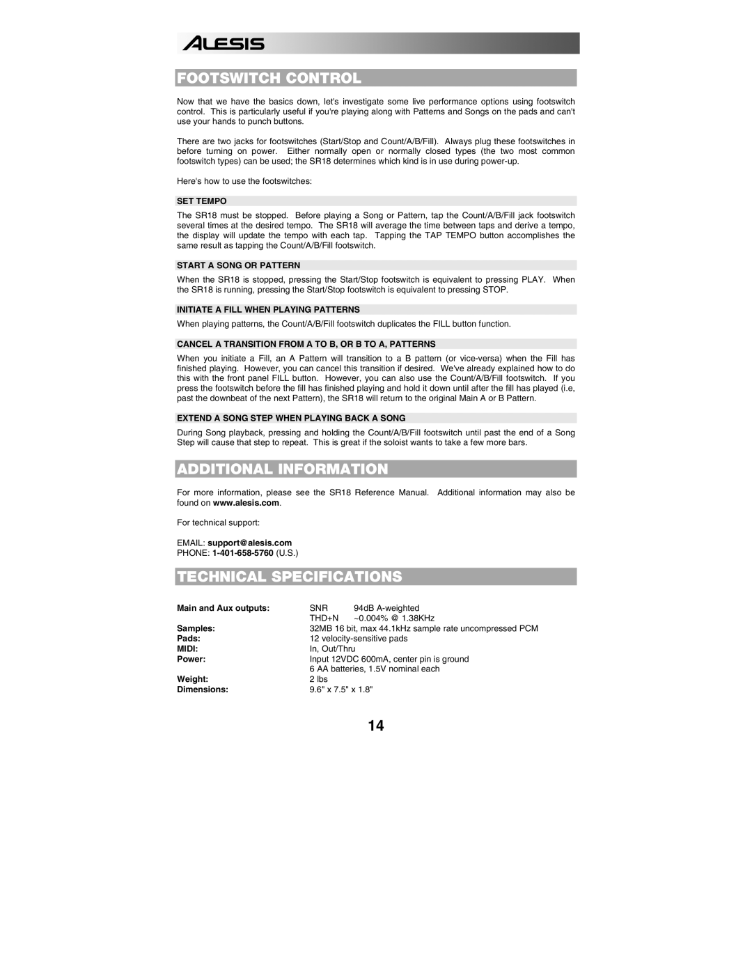 Alesis SR18 quick start manual Footswitch Control, Additional Information, Technical Specifications 