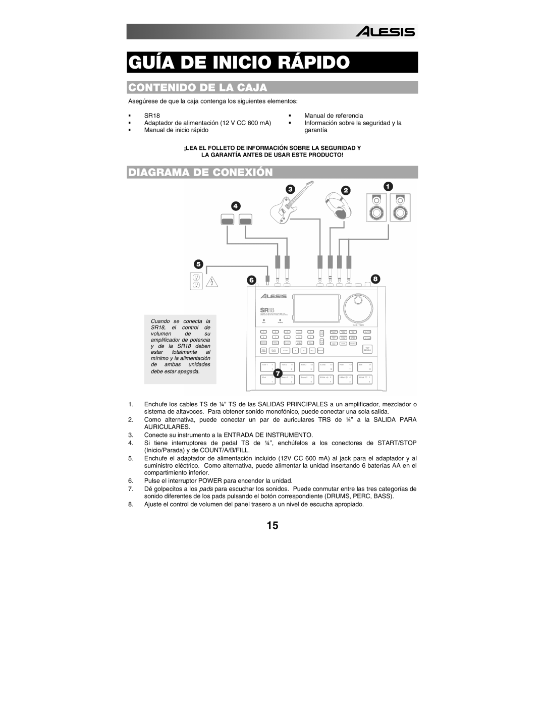 Alesis SR18 quick start manual Contenido DE LA Caja, Diagrama DE Conexión 