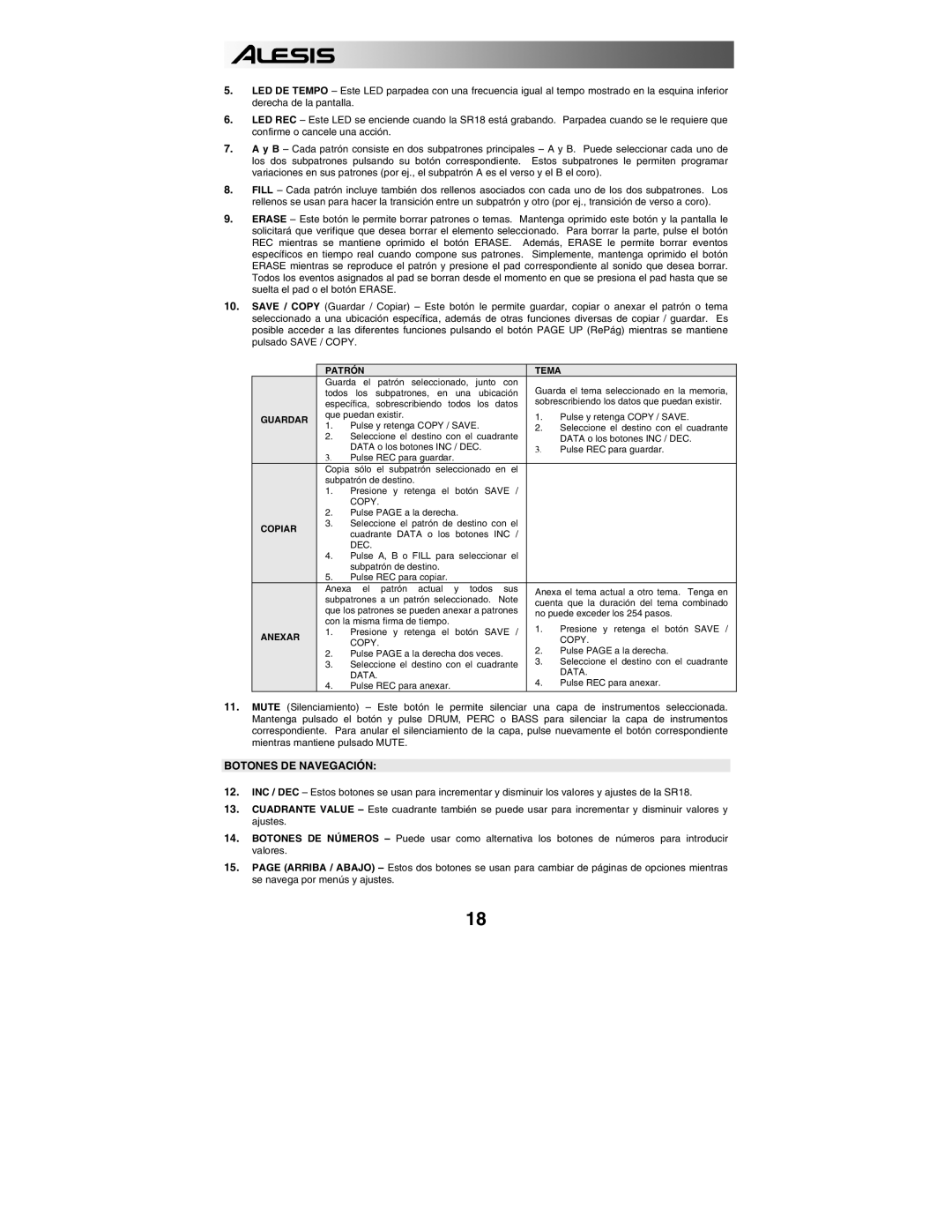 Alesis SR18 quick start manual Botones DE Navegación, Patrón Tema 