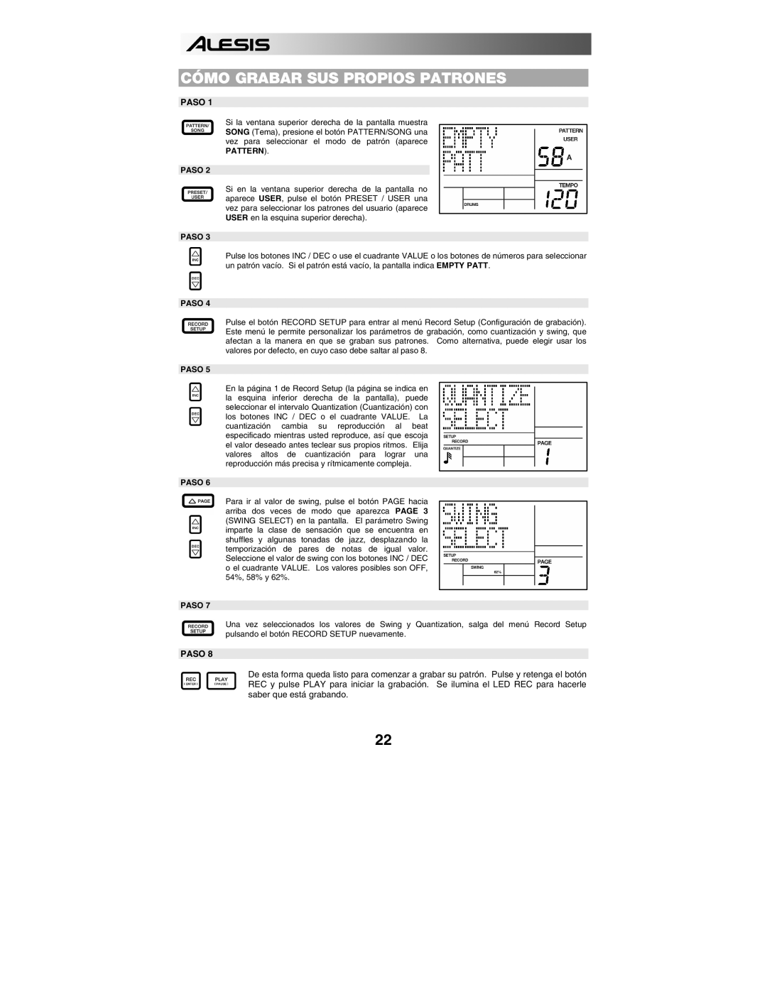 Alesis SR18 quick start manual Cómo Grabar SUS Propios Patrones 