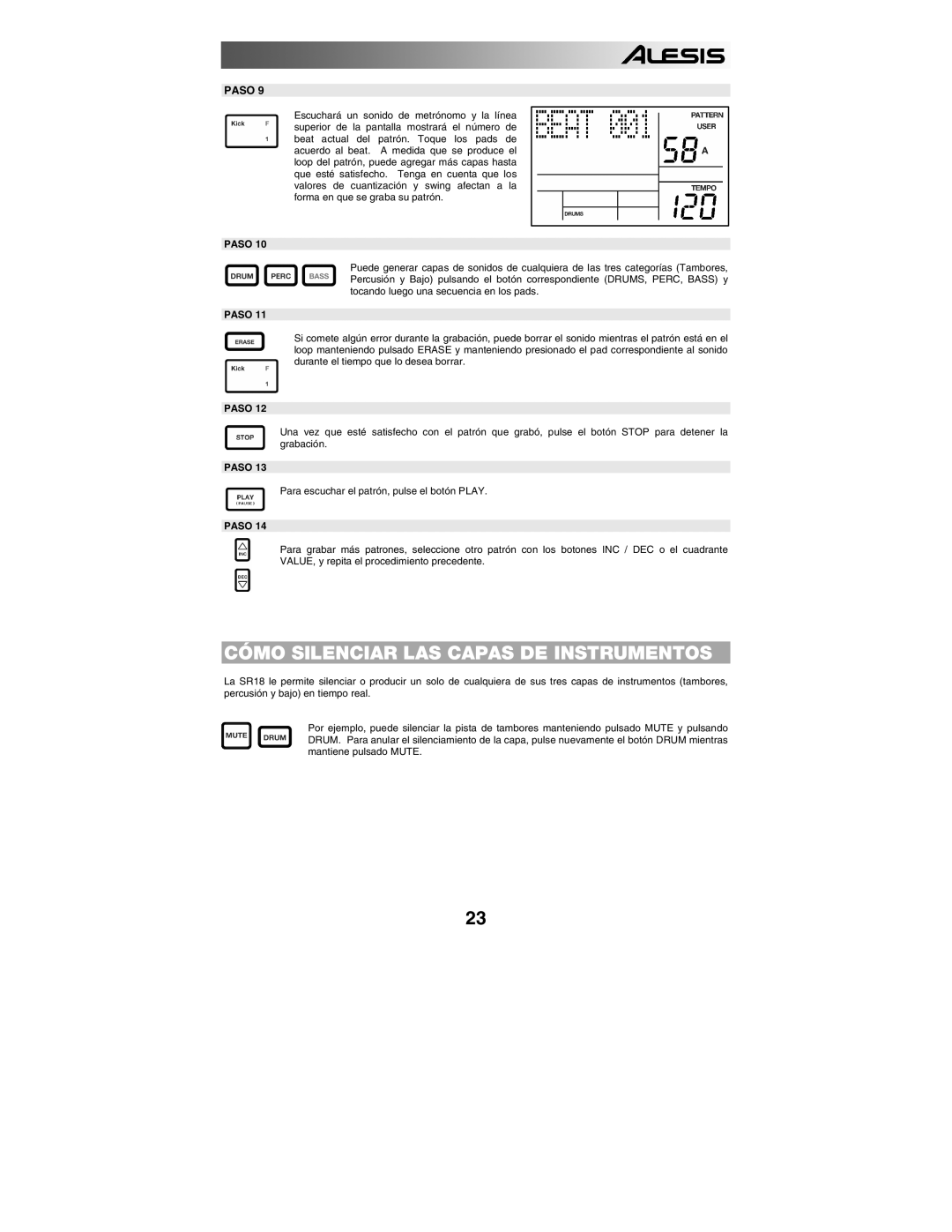 Alesis SR18 quick start manual Cómo Silenciar LAS Capas DE Instrumentos 