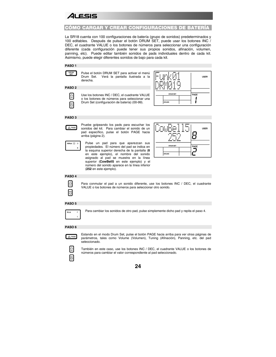 Alesis SR18 quick start manual Cómo Cargar Y Crear Configuraciones DE Batería 
