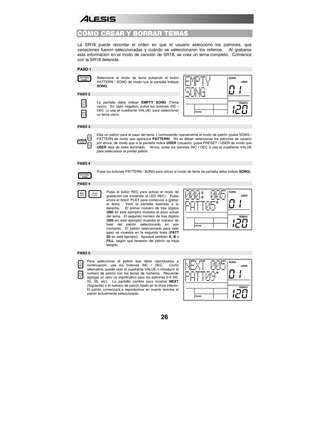 Alesis SR18 quick start manual Cómo Crear Y Borrar Temas, Song Paso 
