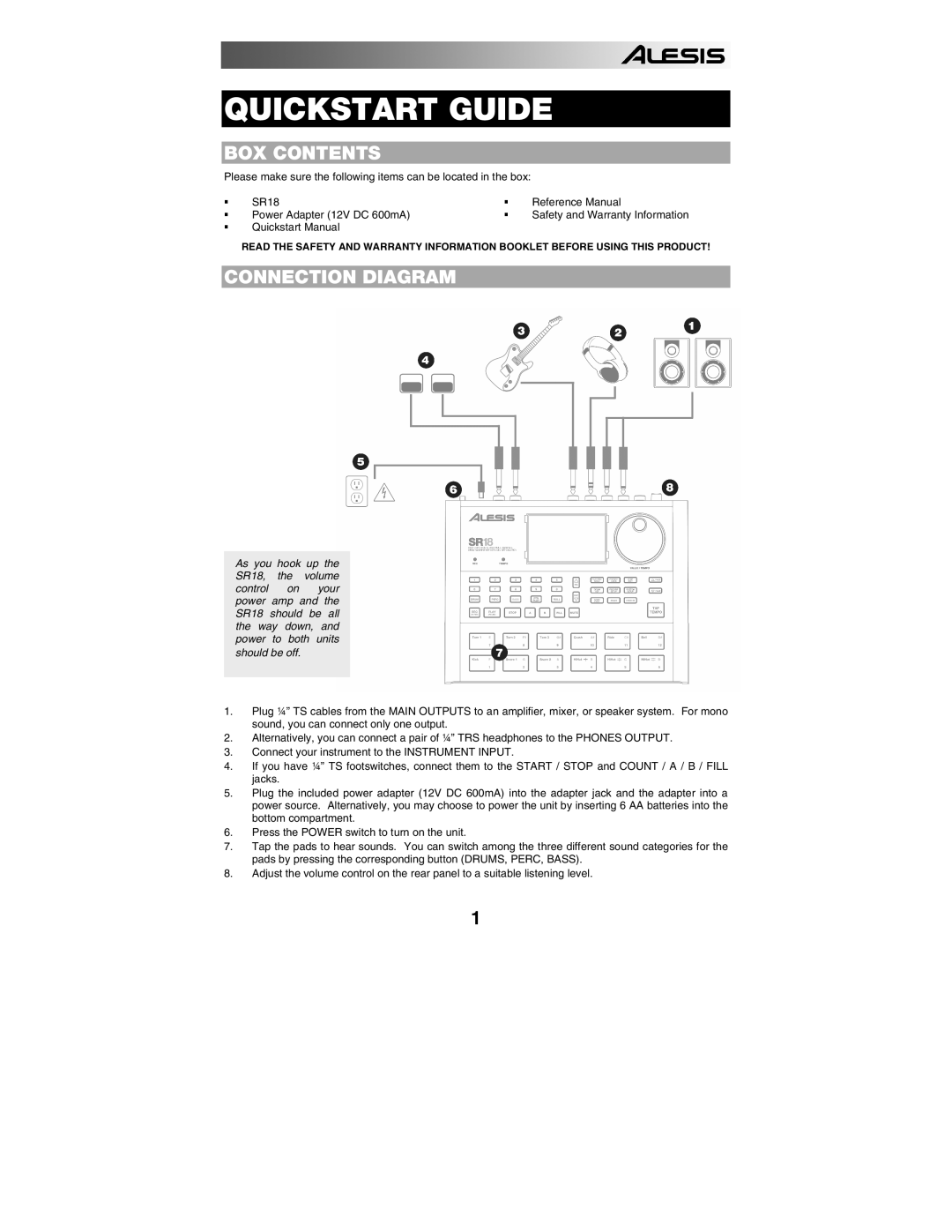 Alesis SR18 quick start manual BOX Contents, Connection Diagram 