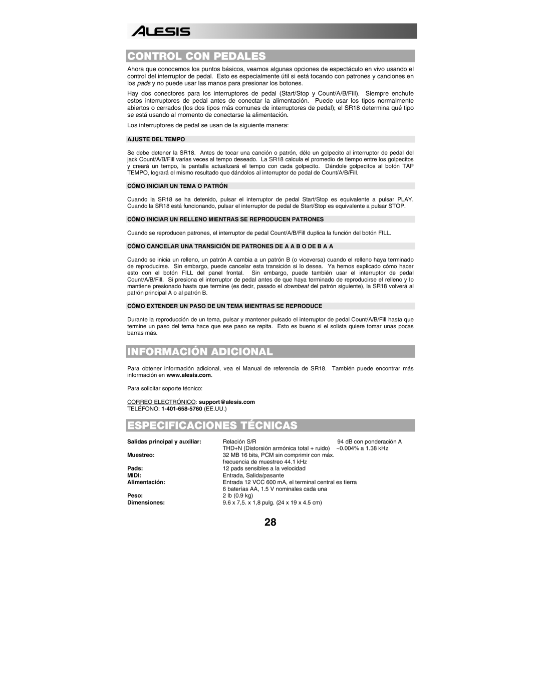 Alesis SR18 quick start manual Control CON Pedales, Información Adicional, Especificaciones Técnicas 