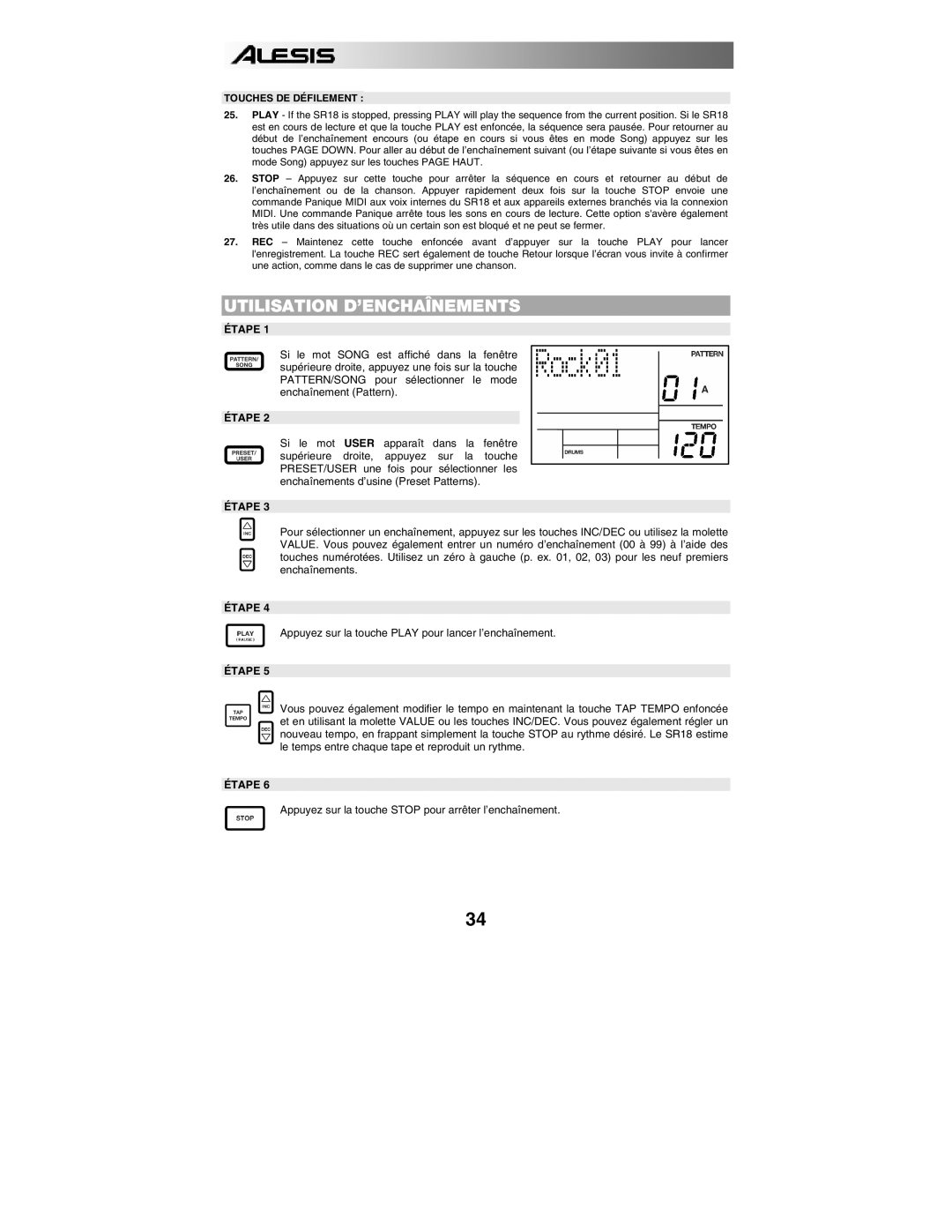 Alesis SR18 quick start manual Touches DE Défilement, Étape 