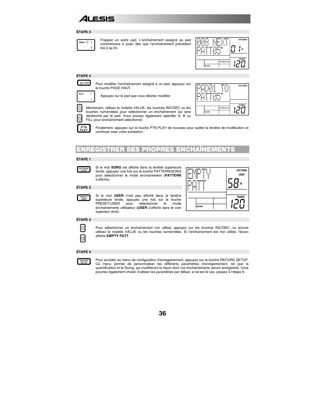 Alesis SR18 quick start manual Enregistrer SES Propres Enchaînements 