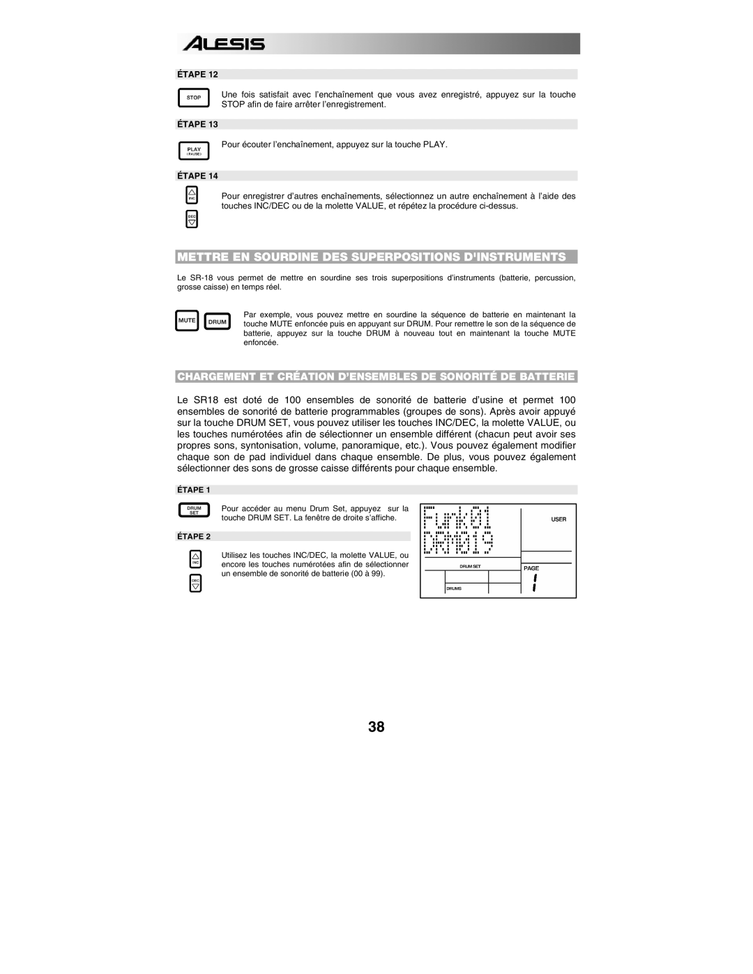 Alesis SR18 quick start manual Mettre EN Sourdine DES Superpositions Dinstruments 