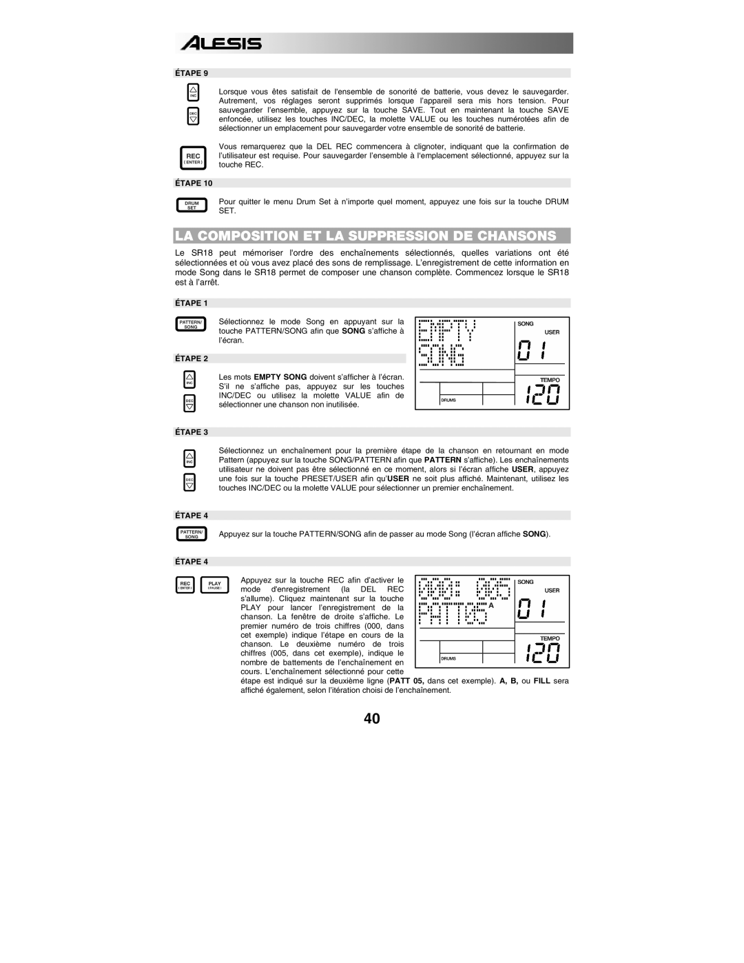Alesis SR18 quick start manual LA Composition ET LA Suppression DE Chansons 