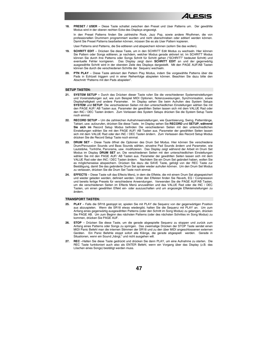 Alesis SR18 quick start manual Setup Tasten, Transport Tasten 