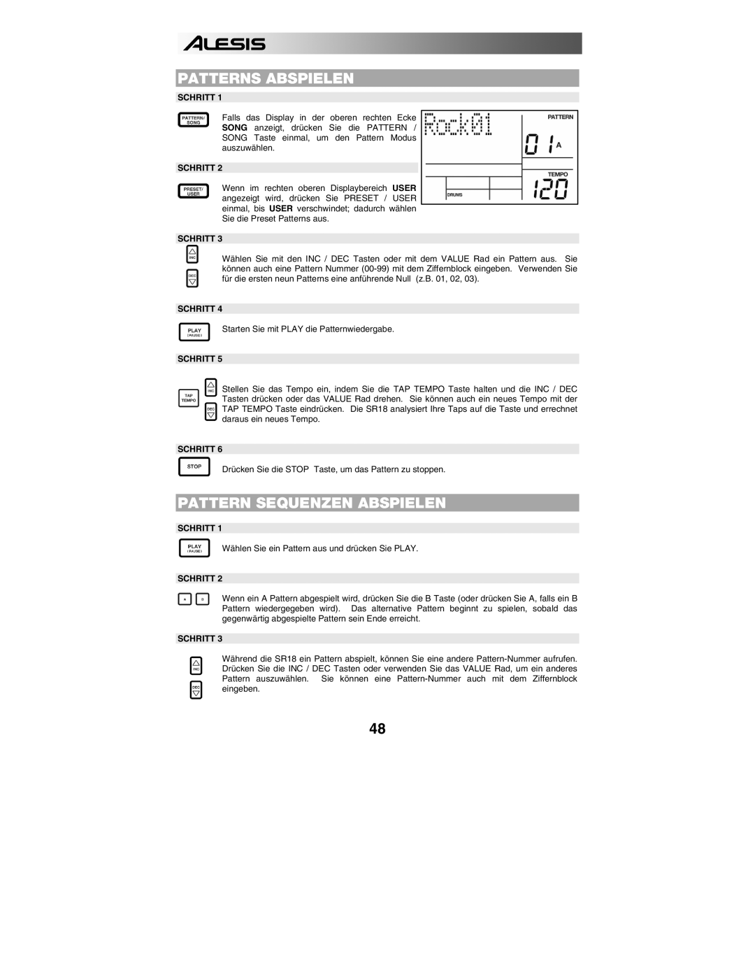 Alesis SR18 quick start manual Patterns Abspielen, Pattern Sequenzen Abspielen, Schritt 