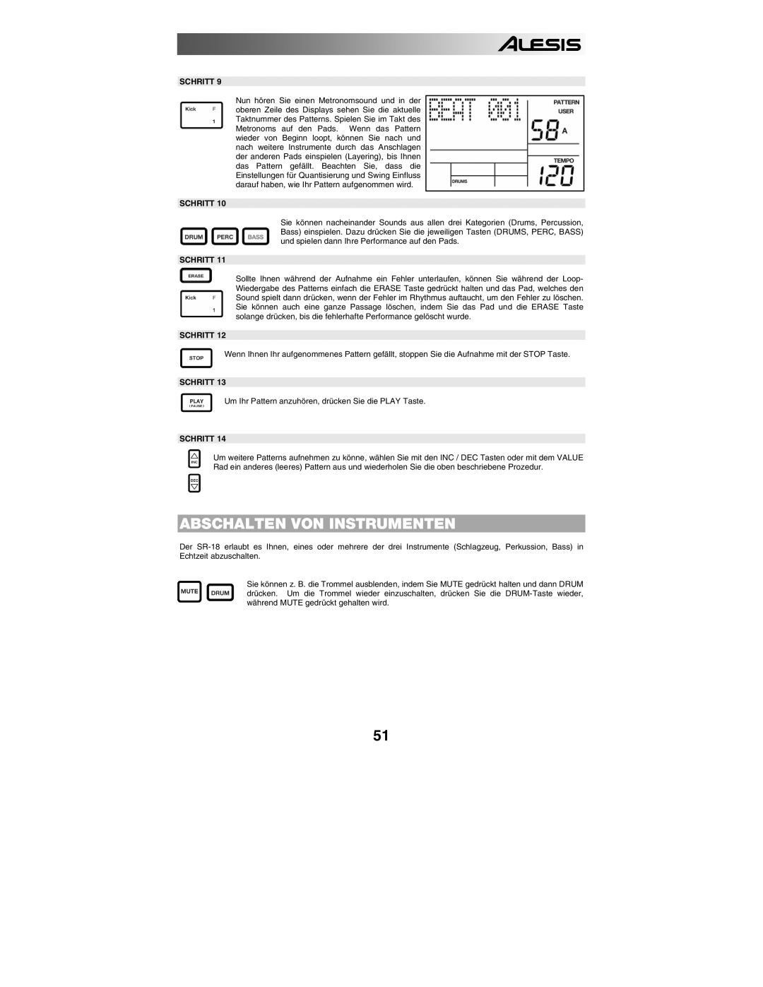 Alesis SR18 quick start manual Abschalten VON Instrumenten 