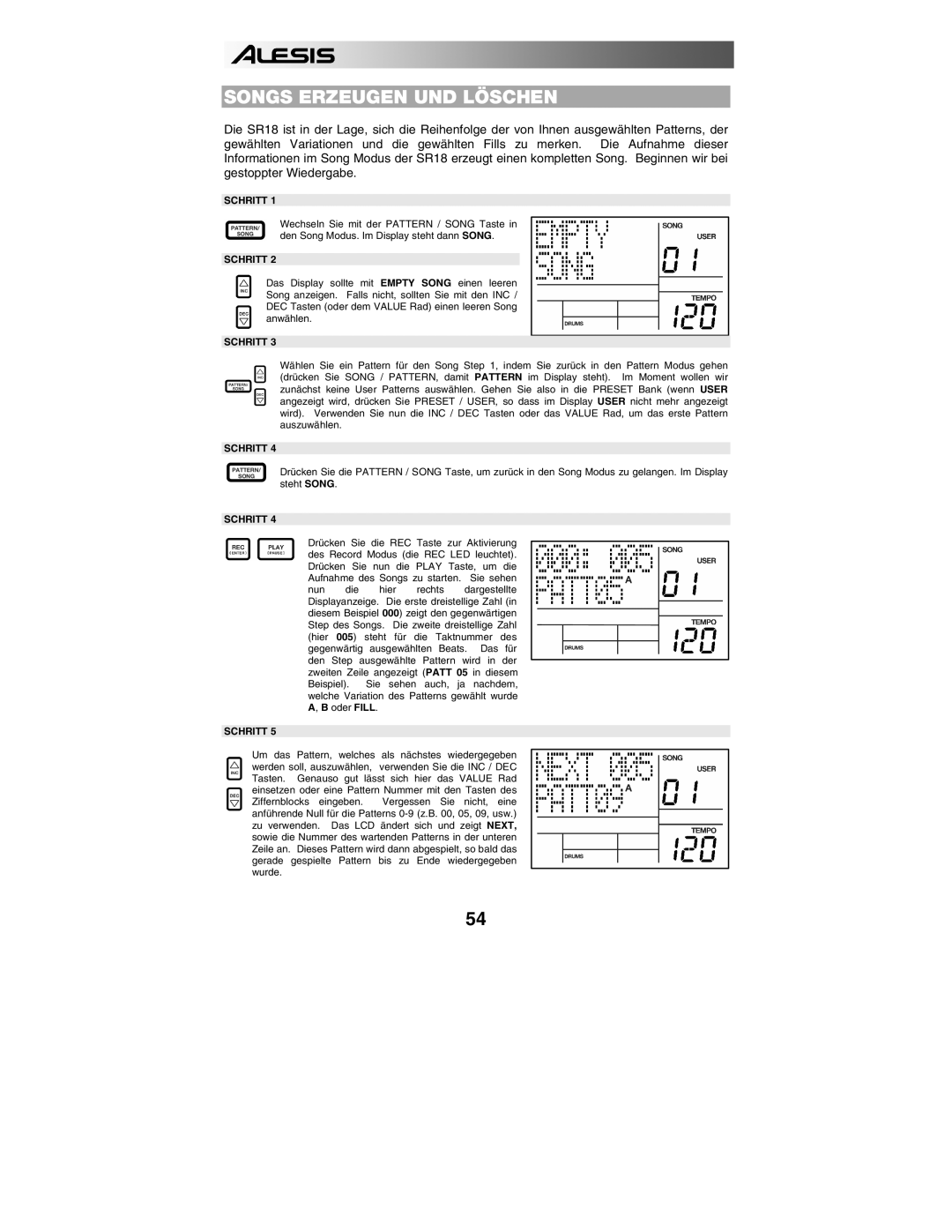 Alesis SR18 quick start manual Songs Erzeugen UND Löschen 