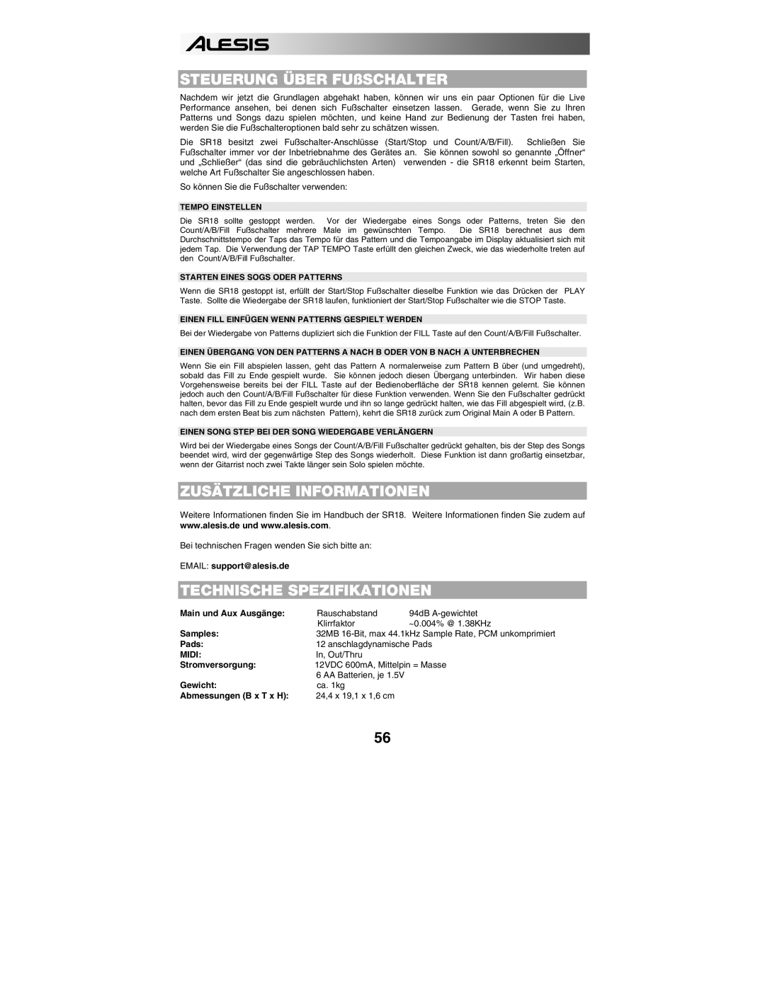 Alesis SR18 quick start manual Zusätzliche Informationen, Technische Spezifikationen 