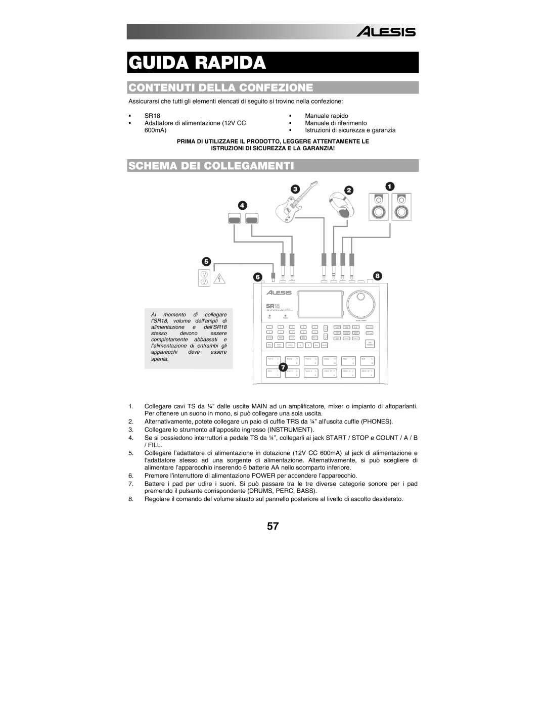 Alesis SR18 quick start manual Contenuti Della Confezione, Schema DEI Collegamenti 