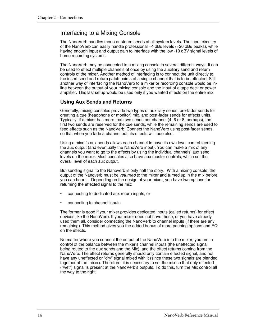 Alesis Stereo Amplifier manual Interfacing to a Mixing Console, Using Aux Sends and Returns 