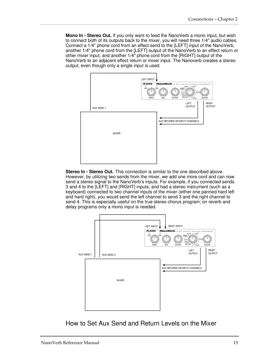 Alesis Stereo Amplifier manual How to Set Aux Send and Return Levels on the Mixer 