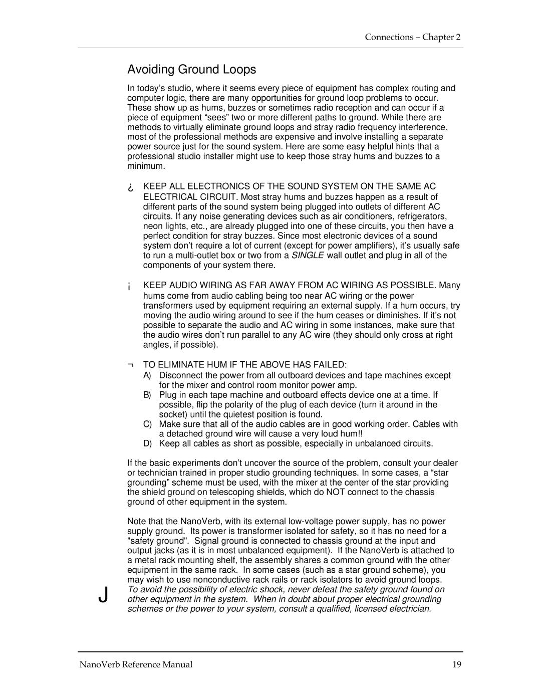 Alesis Stereo Amplifier manual Avoiding Ground Loops, ¬ to Eliminate HUM if the Above has Failed 