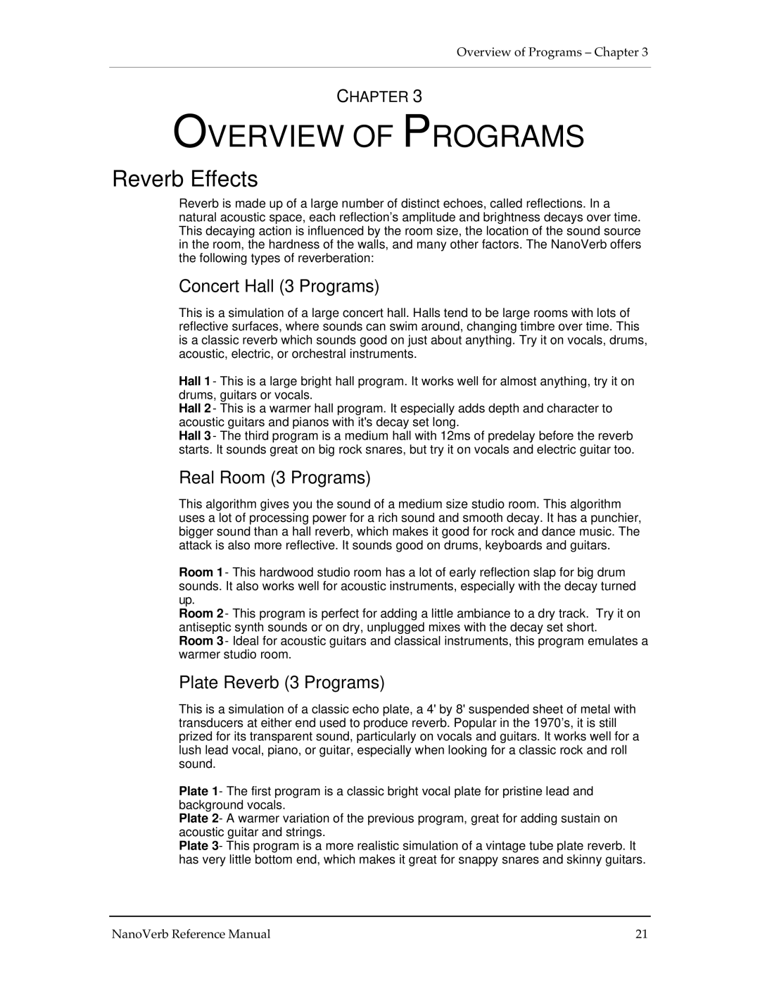 Alesis Stereo Amplifier manual Overview of Programs, Reverb Effects, Concert Hall 3 Programs, Real Room 3 Programs 