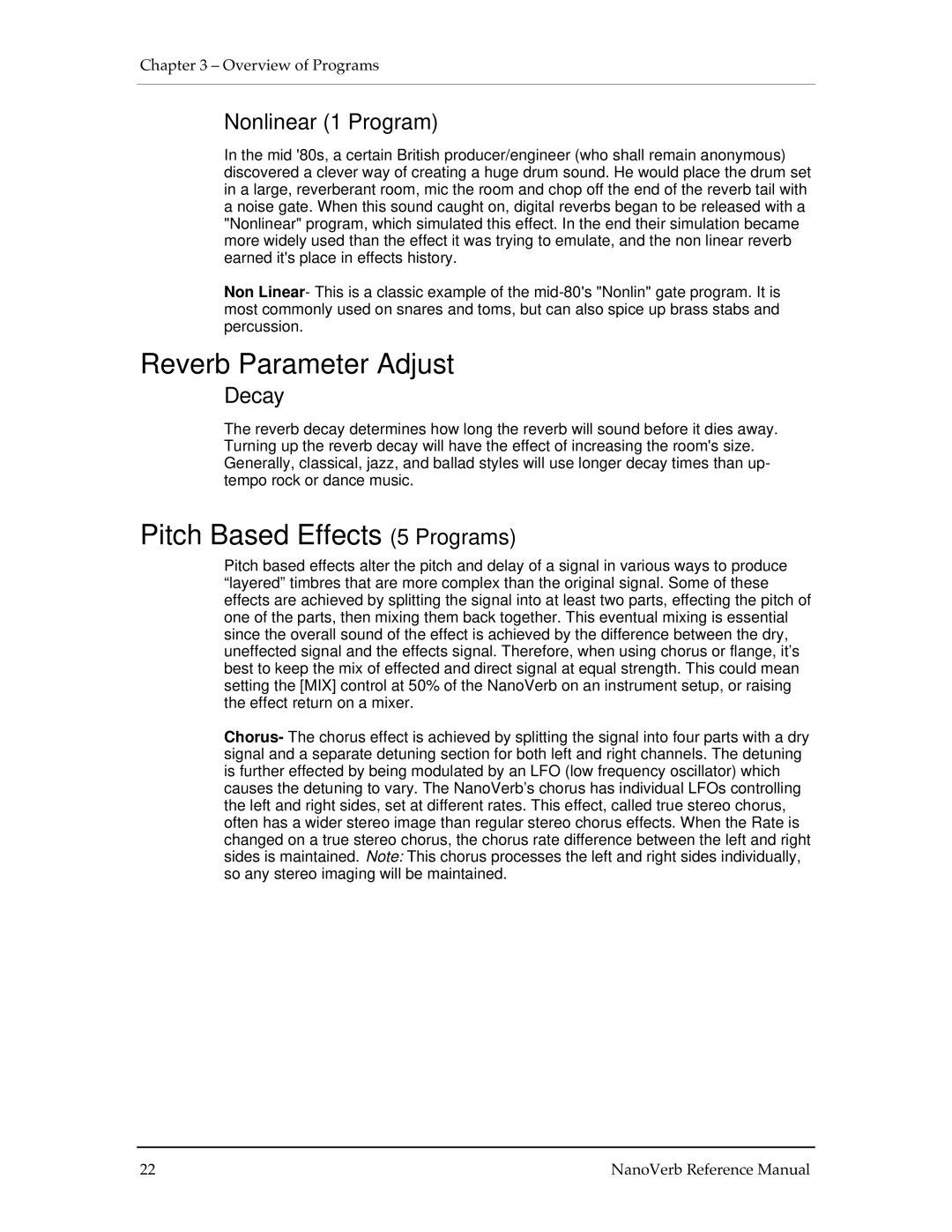 Alesis Stereo Amplifier manual Reverb Parameter Adjust, Pitch Based Effects 5 Programs, Nonlinear 1 Program, Decay 