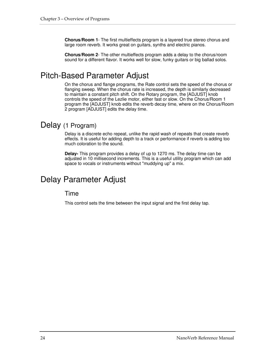 Alesis Stereo Amplifier manual Pitch-Based Parameter Adjust, Delay Parameter Adjust, Delay 1 Program, Time 