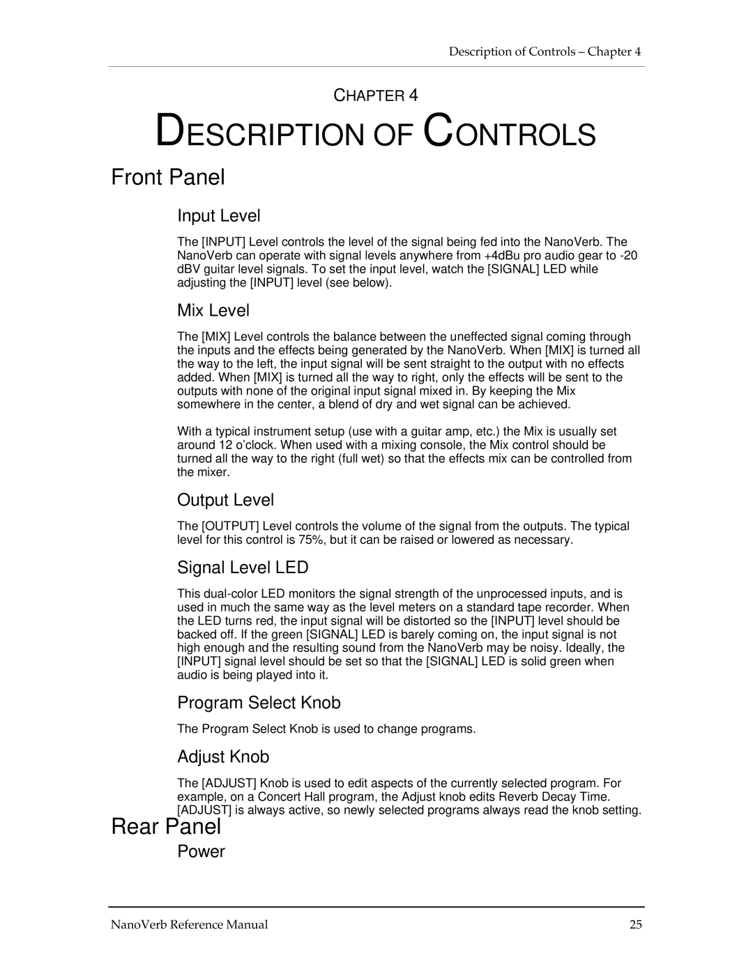 Alesis Stereo Amplifier manual Description of Controls, Front Panel, Rear Panel 