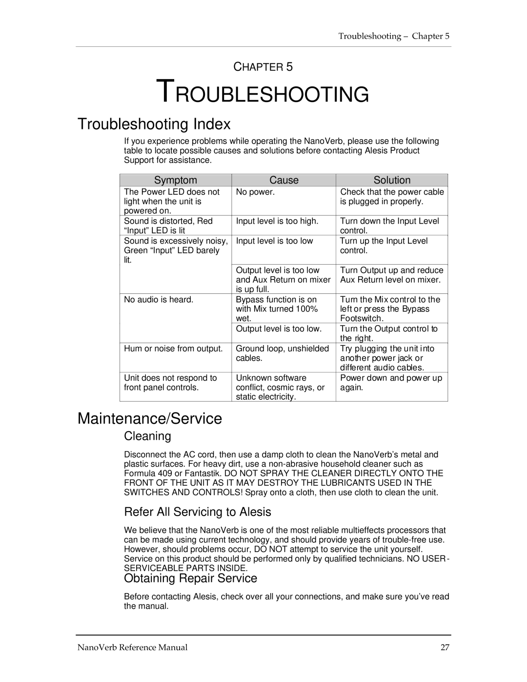 Alesis Stereo Amplifier manual Troubleshooting Index, Maintenance/Service 