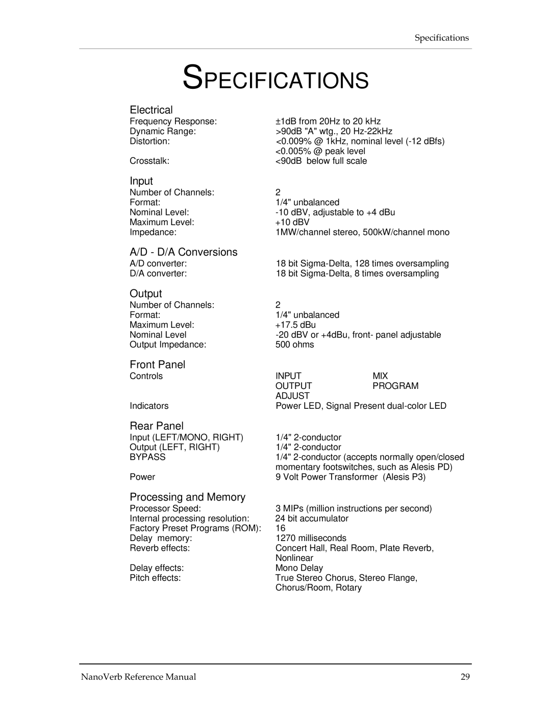 Alesis Stereo Amplifier manual Specifications, Electrical 