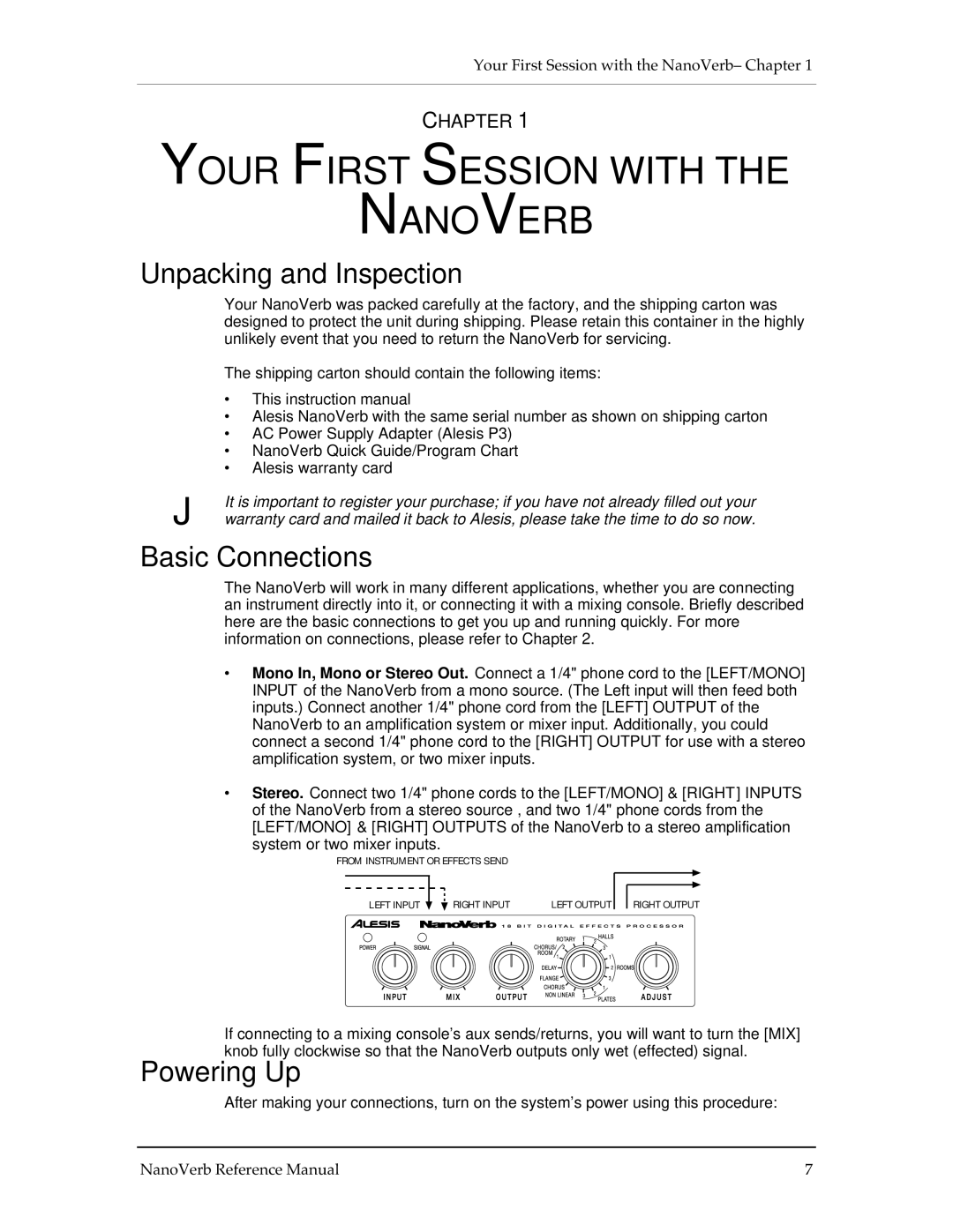 Alesis Stereo Amplifier manual Your First Session with Nanoverb, Unpacking and Inspection, Basic Connections, Powering Up 